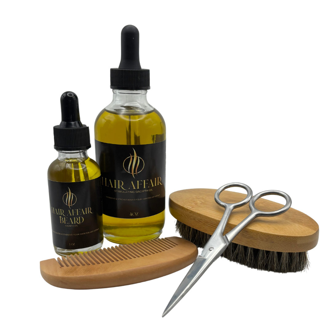 A grooming kit including two bottles of oil, a pair of scissors, a beard brush, and a wooden comb, all arranged on a white background.